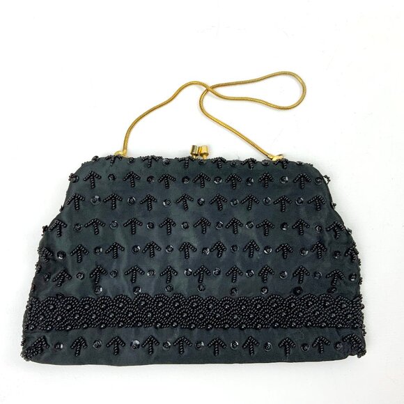 Vintage Handbags - Vintage 60s Black Satin Silk Beaded and Sequined Evening Party Clutch